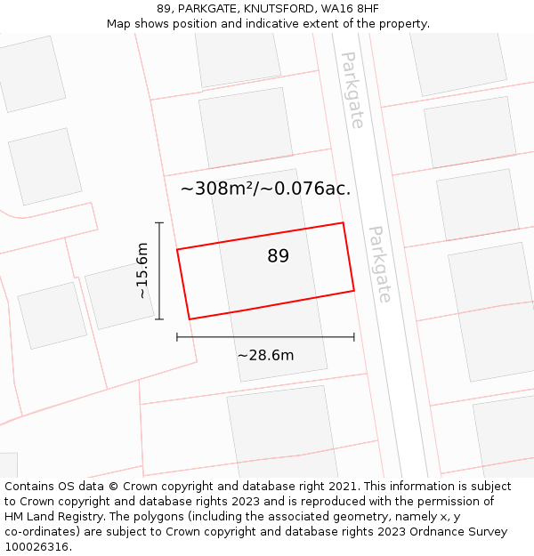 89, PARKGATE, KNUTSFORD, WA16 8HF: Plot and title map