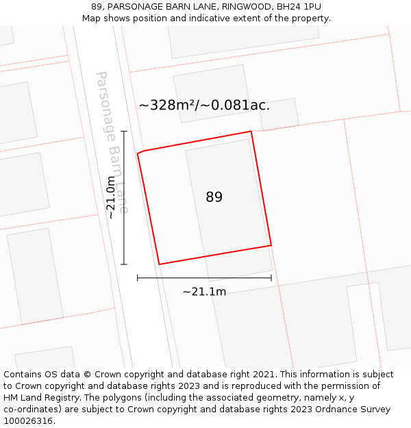 89, PARSONAGE BARN LANE, RINGWOOD, BH24 1PU: Plot and title map
