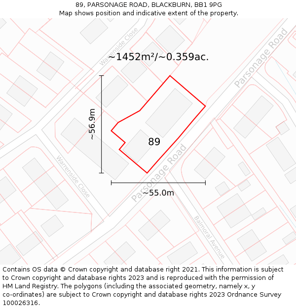 89, PARSONAGE ROAD, BLACKBURN, BB1 9PG: Plot and title map