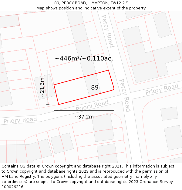 89, PERCY ROAD, HAMPTON, TW12 2JS: Plot and title map