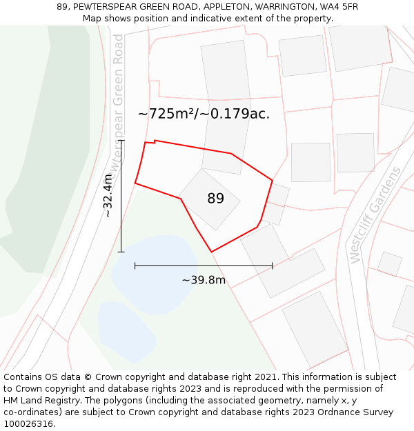 89, PEWTERSPEAR GREEN ROAD, APPLETON, WARRINGTON, WA4 5FR: Plot and title map