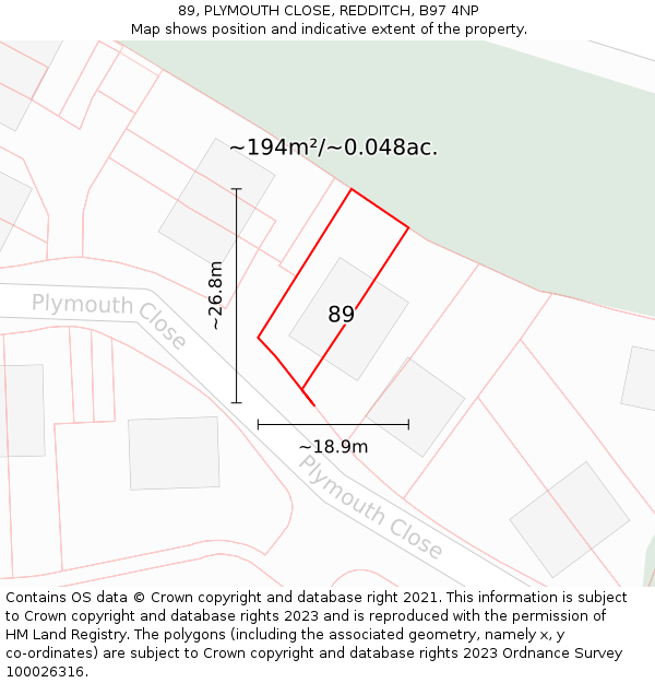 89, PLYMOUTH CLOSE, REDDITCH, B97 4NP: Plot and title map