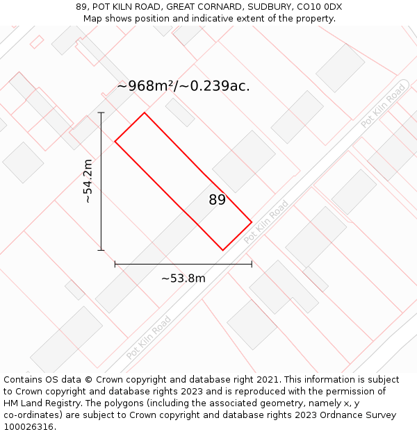 89, POT KILN ROAD, GREAT CORNARD, SUDBURY, CO10 0DX: Plot and title map