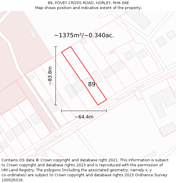 89, POVEY CROSS ROAD, HORLEY, RH6 0AE: Plot and title map