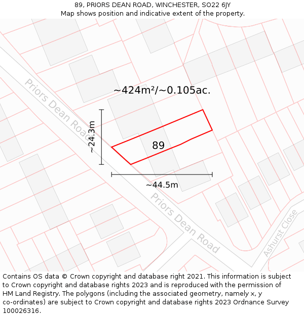 89, PRIORS DEAN ROAD, WINCHESTER, SO22 6JY: Plot and title map