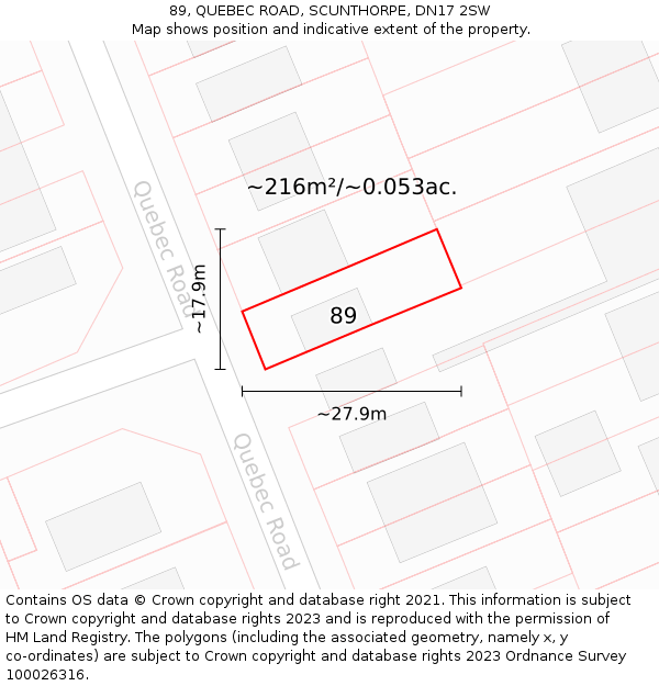 89, QUEBEC ROAD, SCUNTHORPE, DN17 2SW: Plot and title map