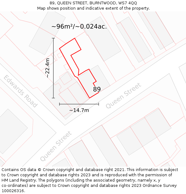 89, QUEEN STREET, BURNTWOOD, WS7 4QQ: Plot and title map