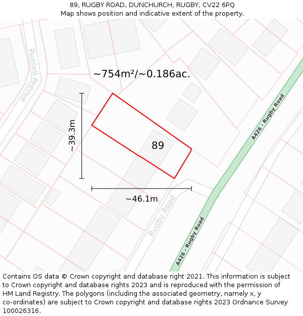 89, RUGBY ROAD, DUNCHURCH, RUGBY, CV22 6PQ: Plot and title map