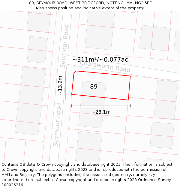 89, SEYMOUR ROAD, WEST BRIDGFORD, NOTTINGHAM, NG2 5EE: Plot and title map