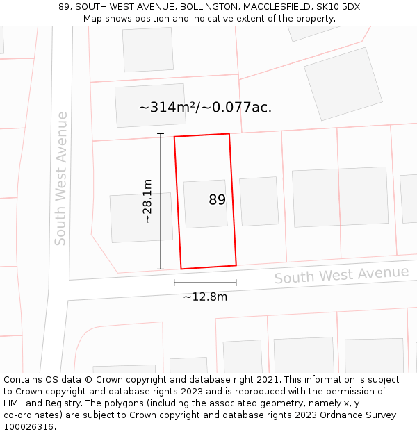 89, SOUTH WEST AVENUE, BOLLINGTON, MACCLESFIELD, SK10 5DX: Plot and title map