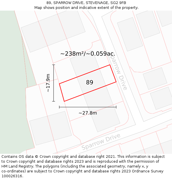 89, SPARROW DRIVE, STEVENAGE, SG2 9FB: Plot and title map