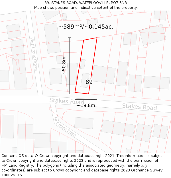89, STAKES ROAD, WATERLOOVILLE, PO7 5NR: Plot and title map