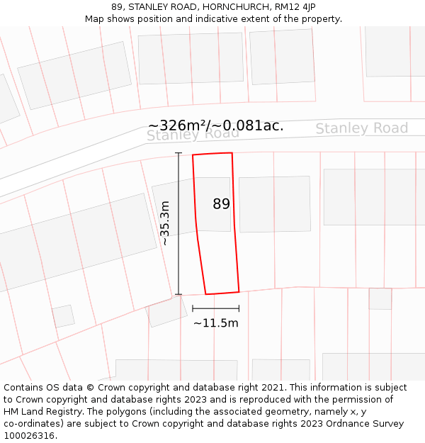 89, STANLEY ROAD, HORNCHURCH, RM12 4JP: Plot and title map