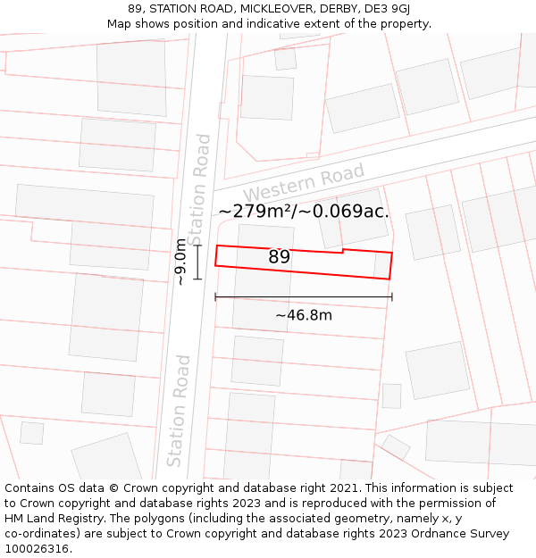 89, STATION ROAD, MICKLEOVER, DERBY, DE3 9GJ: Plot and title map