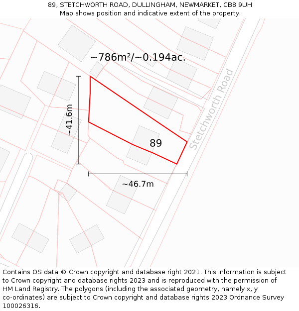 89, STETCHWORTH ROAD, DULLINGHAM, NEWMARKET, CB8 9UH: Plot and title map