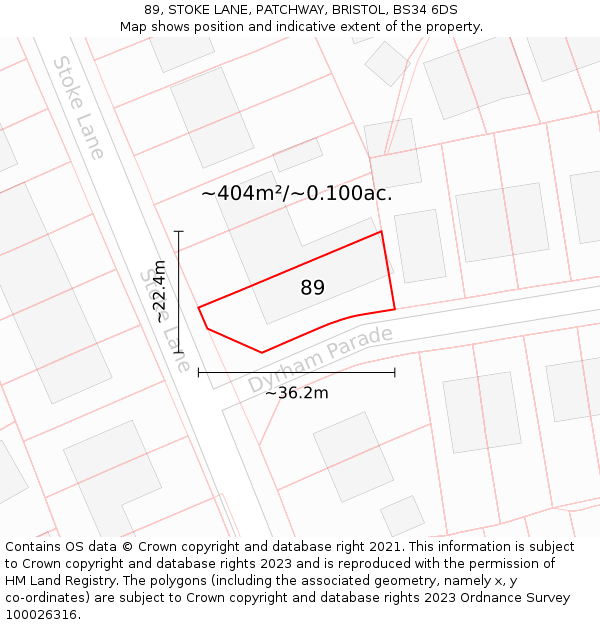 89, STOKE LANE, PATCHWAY, BRISTOL, BS34 6DS: Plot and title map