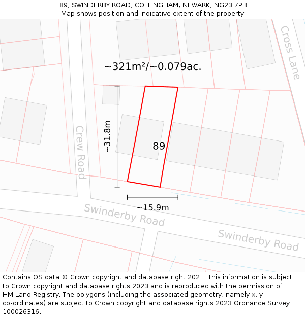 89, SWINDERBY ROAD, COLLINGHAM, NEWARK, NG23 7PB: Plot and title map