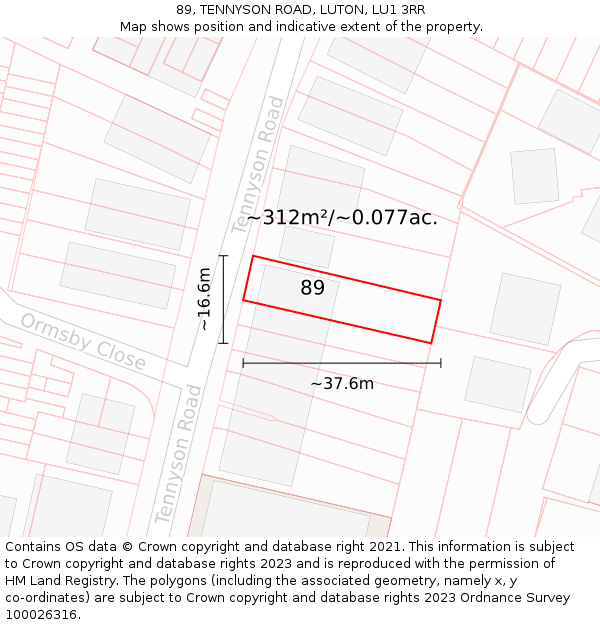 89, TENNYSON ROAD, LUTON, LU1 3RR: Plot and title map