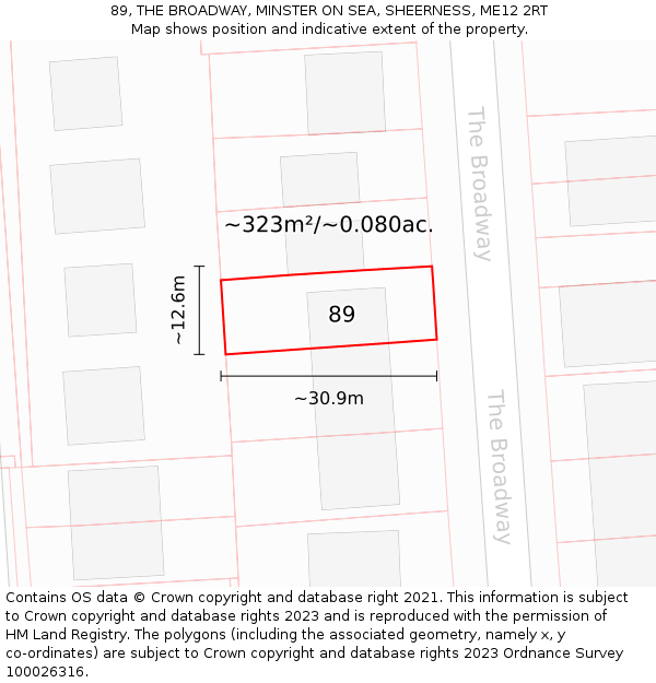 89, THE BROADWAY, MINSTER ON SEA, SHEERNESS, ME12 2RT: Plot and title map