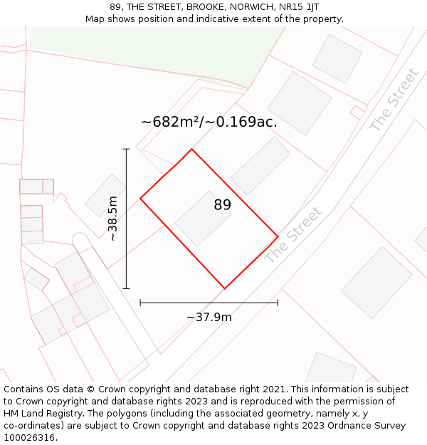 89, THE STREET, BROOKE, NORWICH, NR15 1JT: Plot and title map