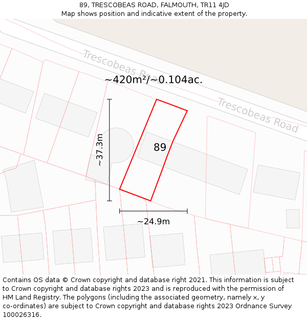 89, TRESCOBEAS ROAD, FALMOUTH, TR11 4JD: Plot and title map