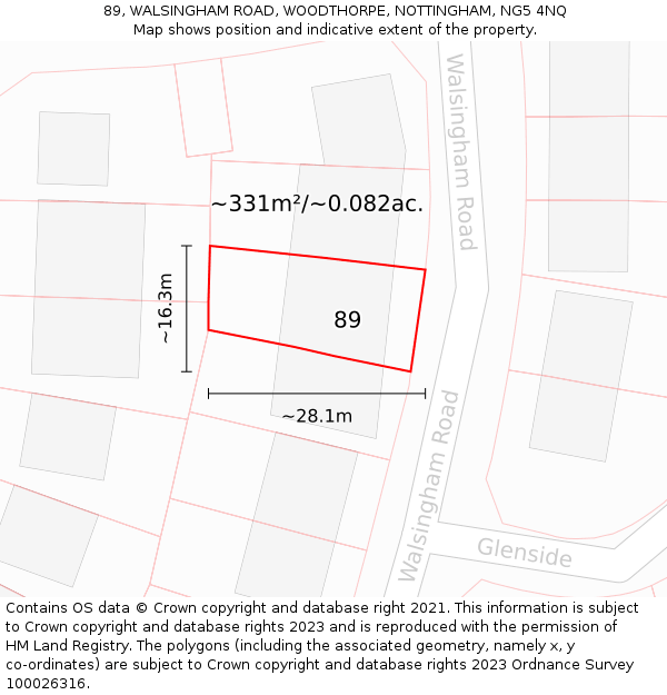 89, WALSINGHAM ROAD, WOODTHORPE, NOTTINGHAM, NG5 4NQ: Plot and title map