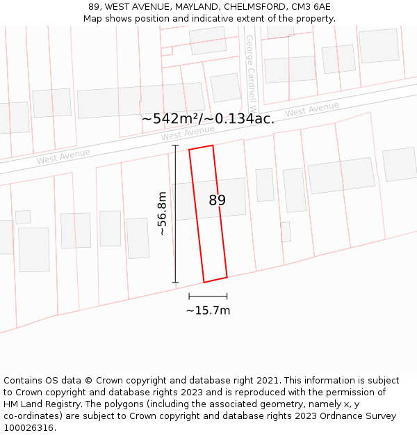 89, WEST AVENUE, MAYLAND, CHELMSFORD, CM3 6AE: Plot and title map