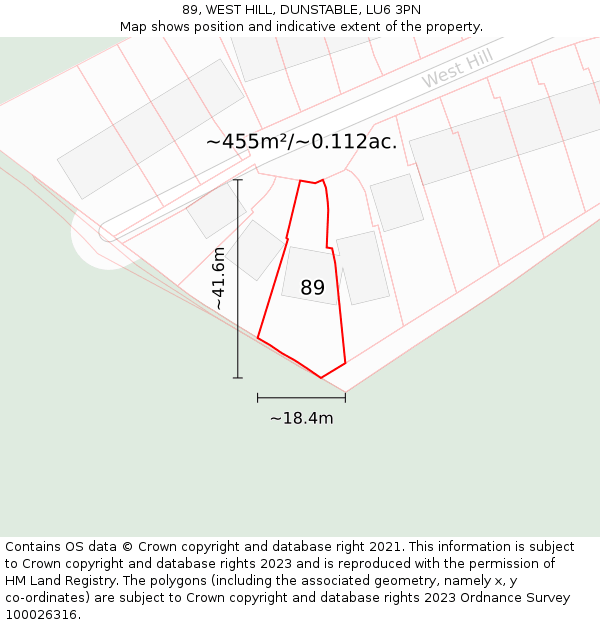 89, WEST HILL, DUNSTABLE, LU6 3PN: Plot and title map