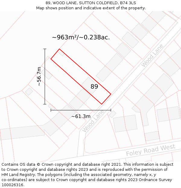 89, WOOD LANE, SUTTON COLDFIELD, B74 3LS: Plot and title map