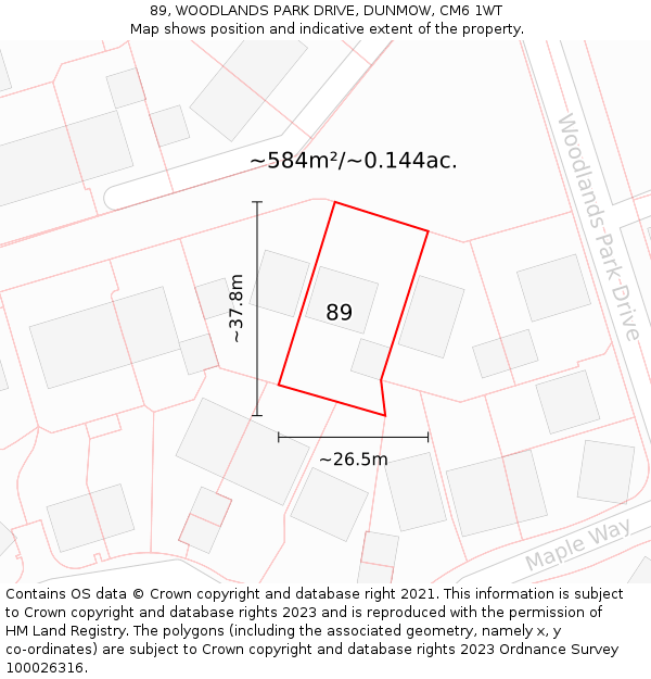 89, WOODLANDS PARK DRIVE, DUNMOW, CM6 1WT: Plot and title map