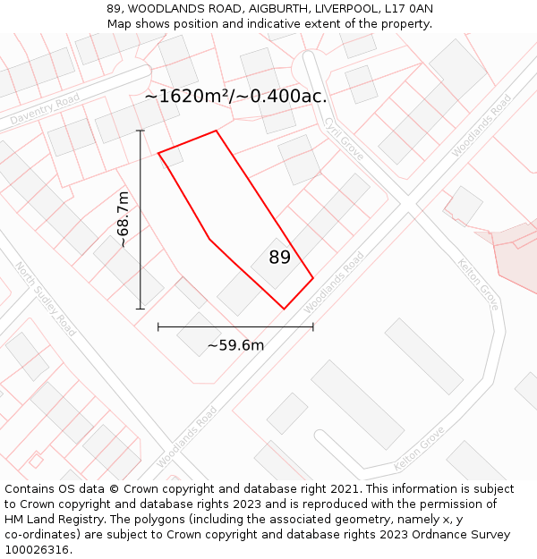 89, WOODLANDS ROAD, AIGBURTH, LIVERPOOL, L17 0AN: Plot and title map