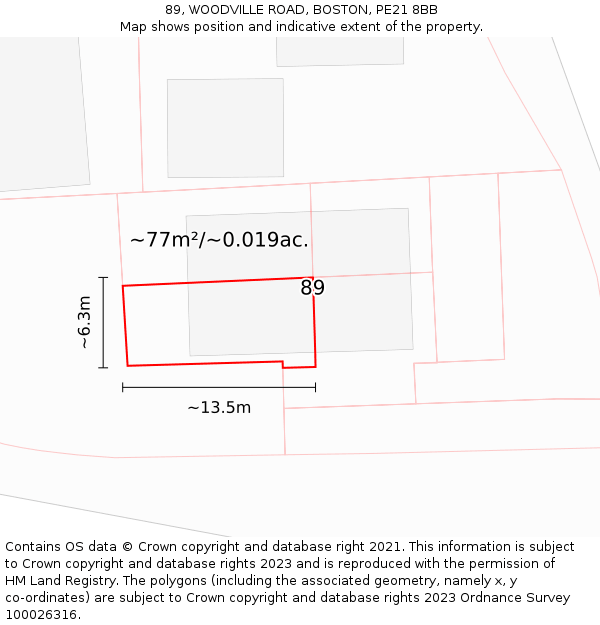 89, WOODVILLE ROAD, BOSTON, PE21 8BB: Plot and title map