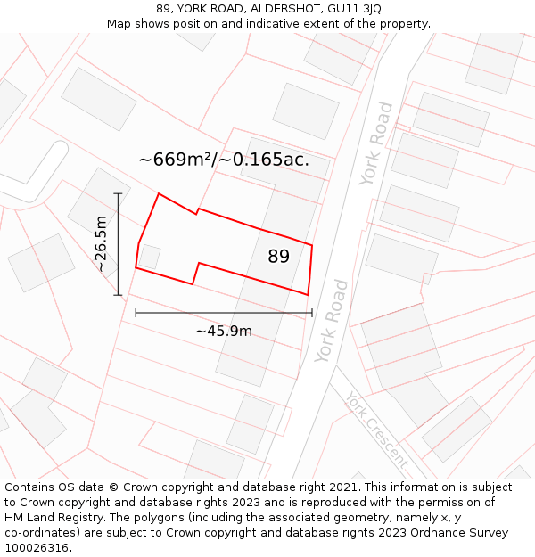 89, YORK ROAD, ALDERSHOT, GU11 3JQ: Plot and title map