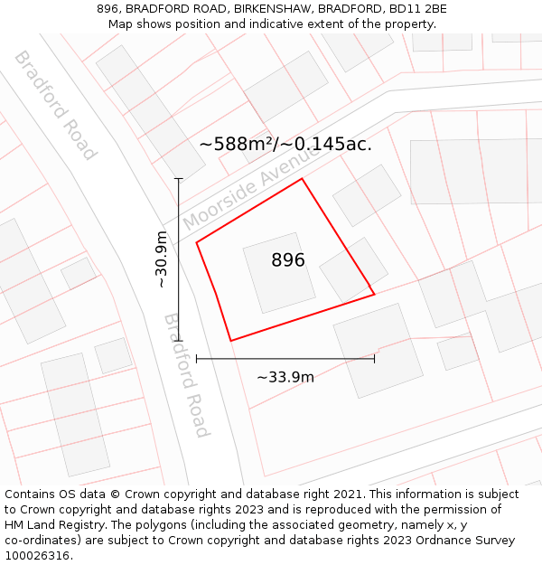 896, BRADFORD ROAD, BIRKENSHAW, BRADFORD, BD11 2BE: Plot and title map