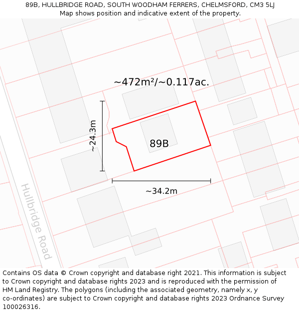 89B, HULLBRIDGE ROAD, SOUTH WOODHAM FERRERS, CHELMSFORD, CM3 5LJ: Plot and title map