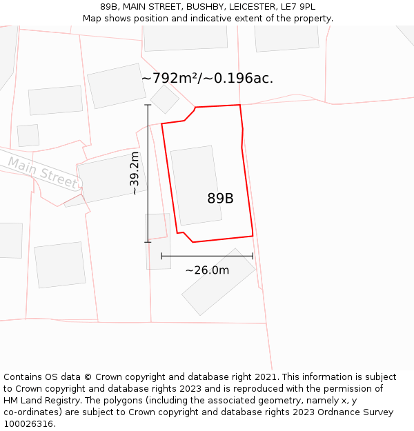 89B, MAIN STREET, BUSHBY, LEICESTER, LE7 9PL: Plot and title map