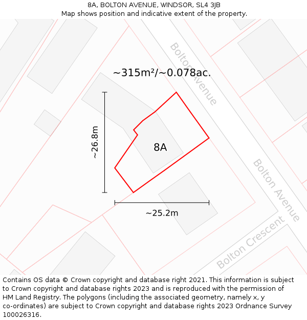 8A, BOLTON AVENUE, WINDSOR, SL4 3JB: Plot and title map