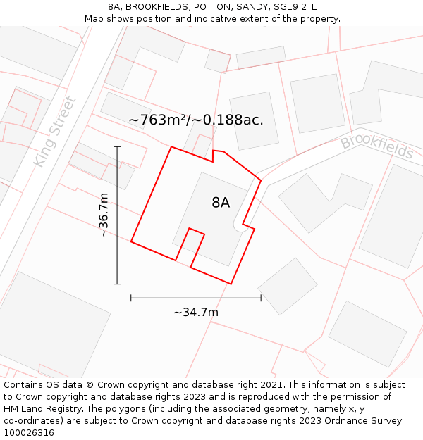 8A, BROOKFIELDS, POTTON, SANDY, SG19 2TL: Plot and title map