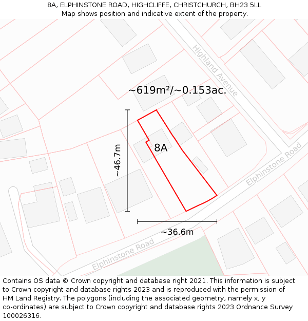 8A, ELPHINSTONE ROAD, HIGHCLIFFE, CHRISTCHURCH, BH23 5LL: Plot and title map