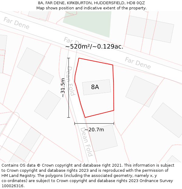 8A, FAR DENE, KIRKBURTON, HUDDERSFIELD, HD8 0QZ: Plot and title map