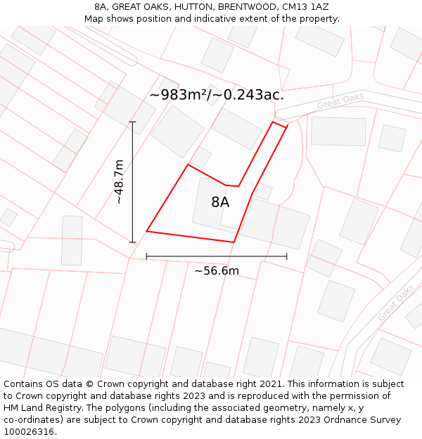 8A, GREAT OAKS, HUTTON, BRENTWOOD, CM13 1AZ: Plot and title map
