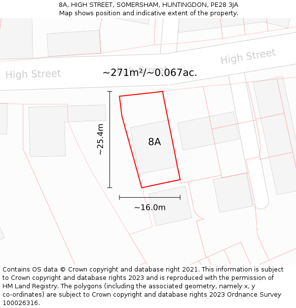 8A, HIGH STREET, SOMERSHAM, HUNTINGDON, PE28 3JA: Plot and title map