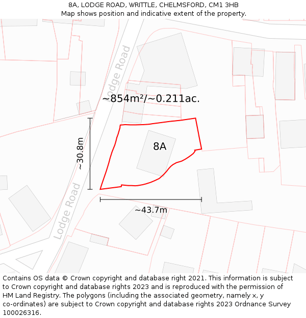 8A, LODGE ROAD, WRITTLE, CHELMSFORD, CM1 3HB: Plot and title map