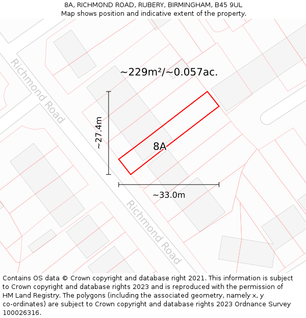 8A, RICHMOND ROAD, RUBERY, BIRMINGHAM, B45 9UL: Plot and title map