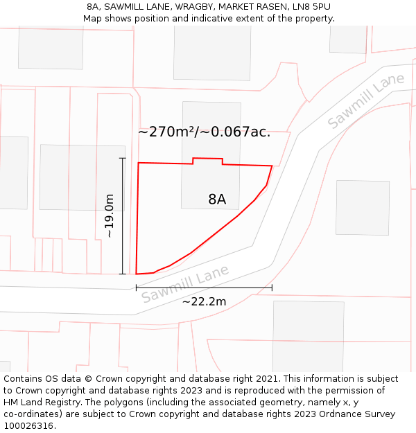 8A, SAWMILL LANE, WRAGBY, MARKET RASEN, LN8 5PU: Plot and title map