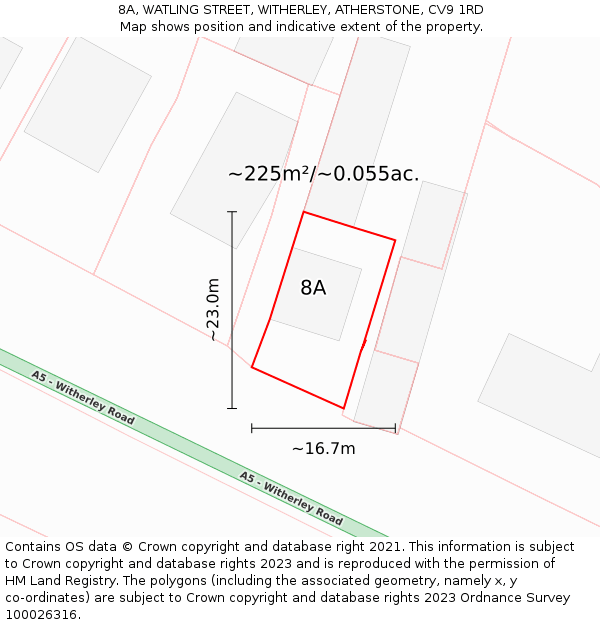 8A, WATLING STREET, WITHERLEY, ATHERSTONE, CV9 1RD: Plot and title map