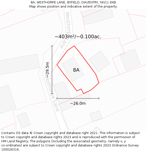 8A, WESTHORPE LANE, BYFIELD, DAVENTRY, NN11 6XB: Plot and title map