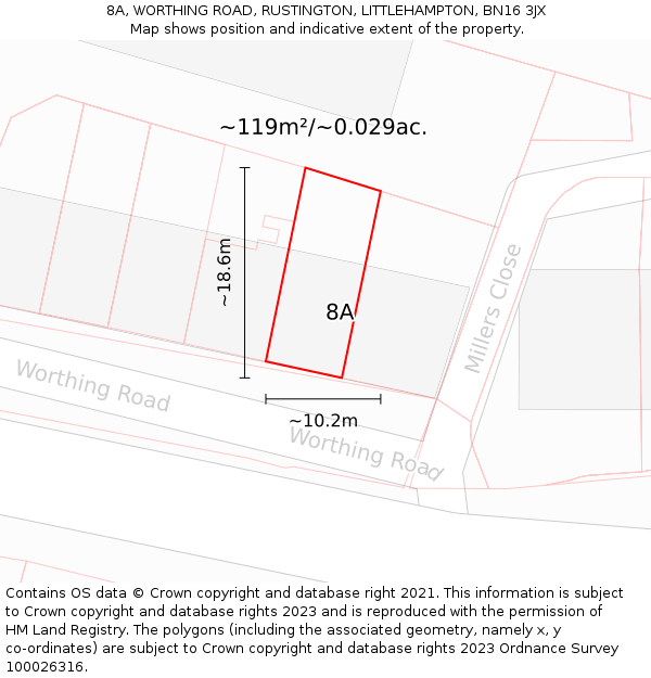 8A, WORTHING ROAD, RUSTINGTON, LITTLEHAMPTON, BN16 3JX: Plot and title map