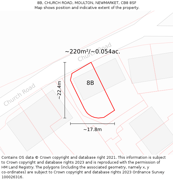 8B, CHURCH ROAD, MOULTON, NEWMARKET, CB8 8SF: Plot and title map