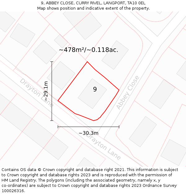 9, ABBEY CLOSE, CURRY RIVEL, LANGPORT, TA10 0EL: Plot and title map